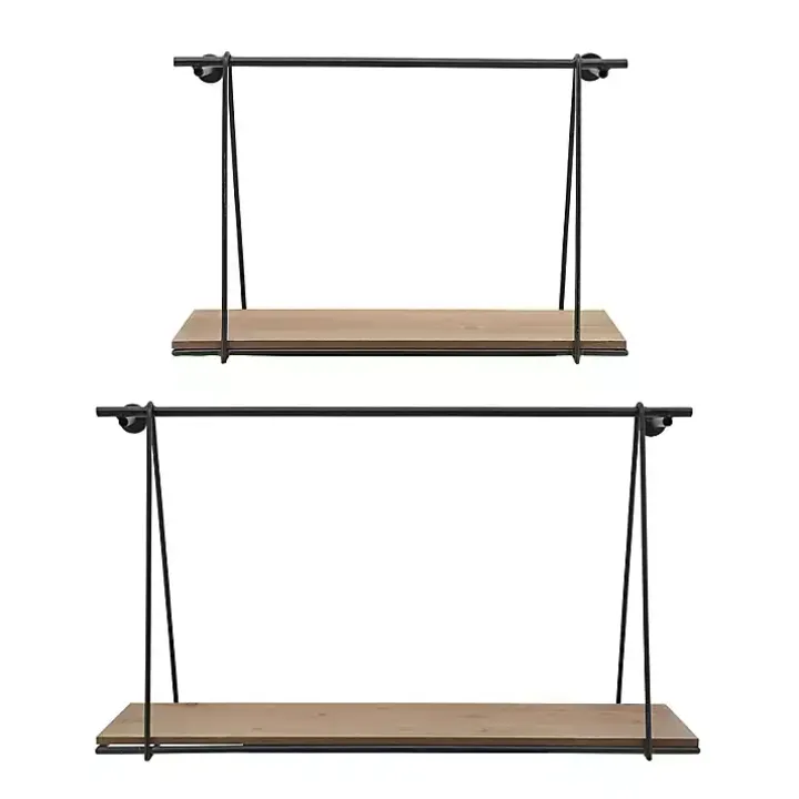 Black Metal Wood Swing Wall Shelves, Set of 2