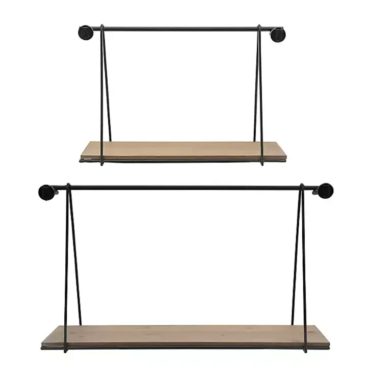 Black Metal Wood Swing Wall Shelves, Set of 2