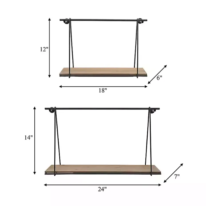 Black Metal Wood Swing Wall Shelves, Set of 2