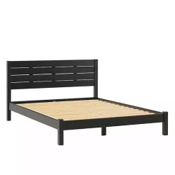 Black Pine Wood Slatted Headboard Queen Bed