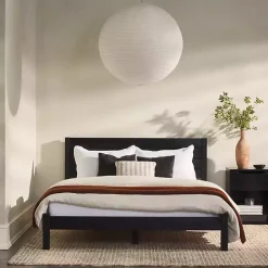 Black Pine Wood Slatted Headboard Queen Bed