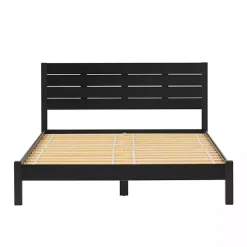 Black Pine Wood Slatted Headboard Queen Bed
