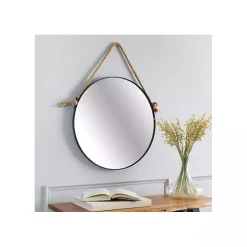 Black Round Framed Mirror with Rope