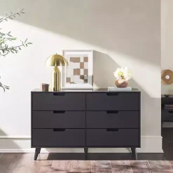 Black Simple Grooved Handle 6-Drawer Dresser