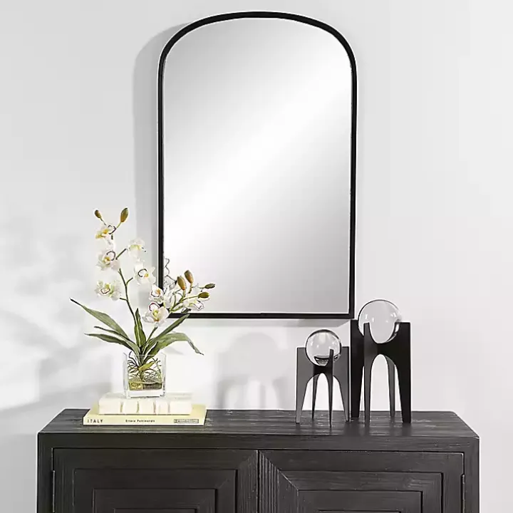 Black Simple Round Top Wall Mirror