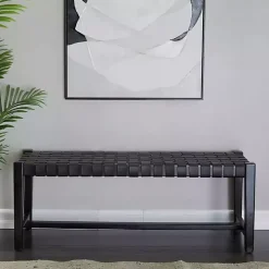 Black Teak Wood and Leather Bench