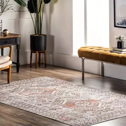 Black Tribal Motif Washable Area Rug, 5x8