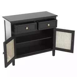 Black Wood & Natural Rattan 2-Door Cabinet