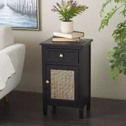 Black Wood & Natural Rattan Small Cabinet
