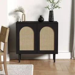 Black Wood and Arched Rattan 2-Door Cabinet