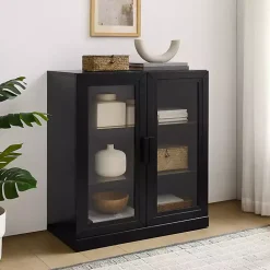 Black Wood and Glass Stackable Storage Cabinet