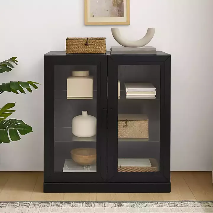 Black Wood and Glass Stackable Storage Cabinet