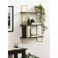 Black Wood and Gold Metal Leigh Wall Shelf