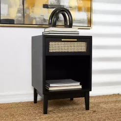 Black Wood and Natural Rattan Drawer Nightstand