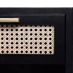 Black Wood and Natural Rattan Drawer Nightstand