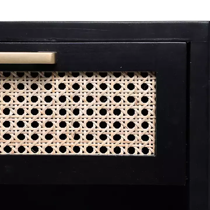 Black Wood and Natural Rattan Drawer Nightstand