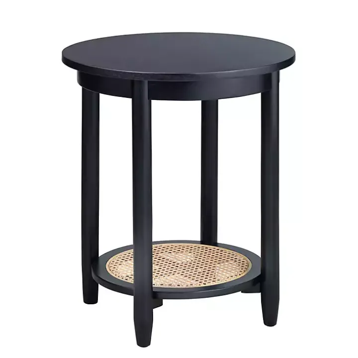 Black Wood and Rattan Boho Accent Table