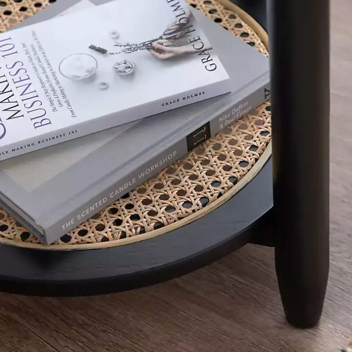 Black Wood and Rattan Boho Accent Table