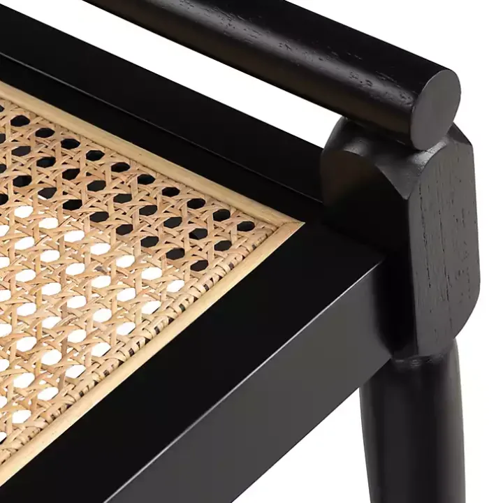 Black Wood and Rattan Boho Bench