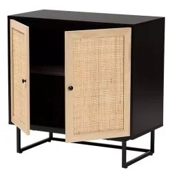 Black Wood and Rattan 2-Door Cabinet