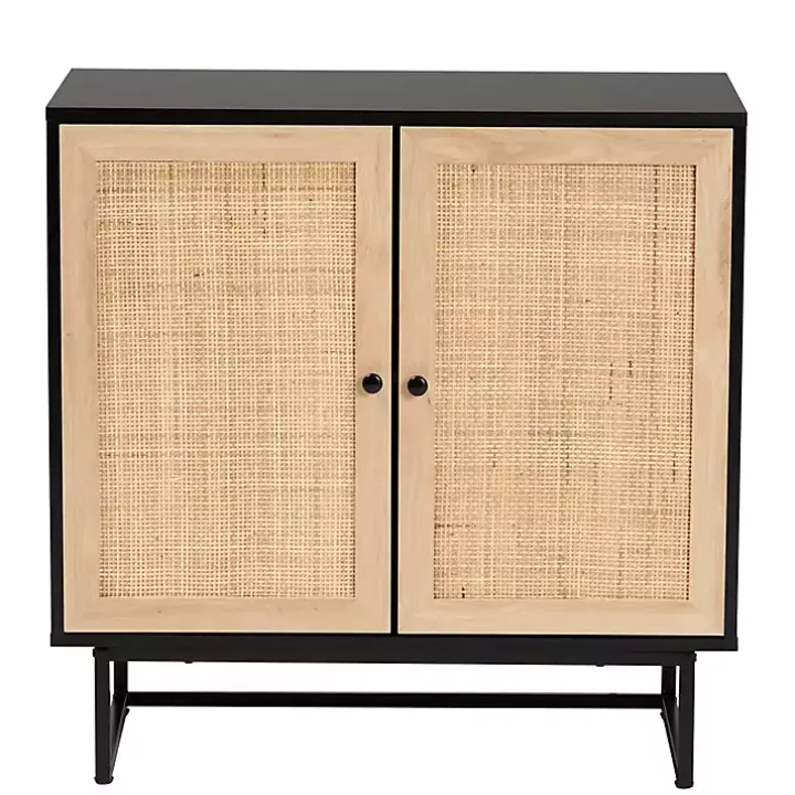 Black Wood and Rattan 2-Door Cabinet