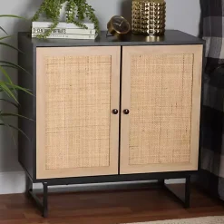 Black Wood and Rattan 2-Door Cabinet