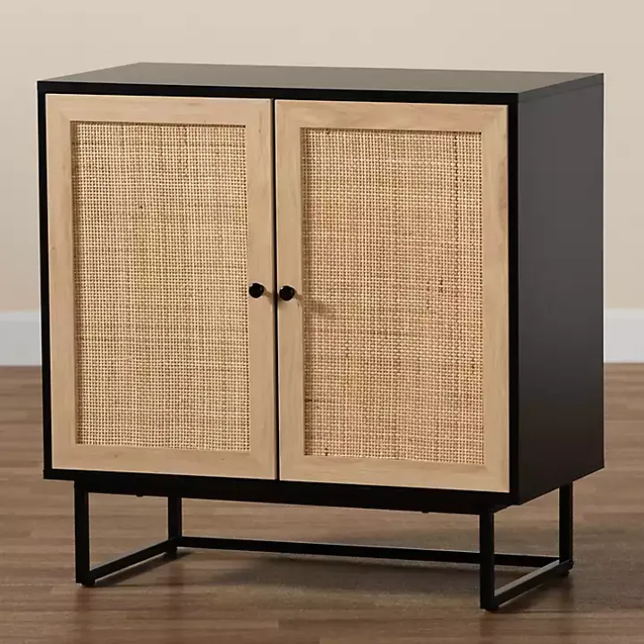 Black Wood and Rattan 2-Door Cabinet