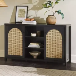 Black Wood and Rattan 2-Door Sideboard