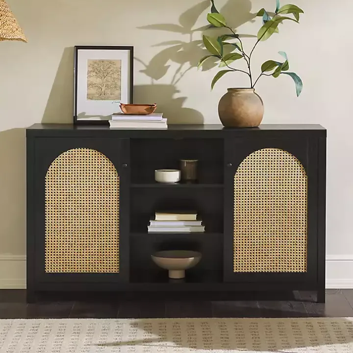 Black Wood and Rattan 2-Door Sideboard