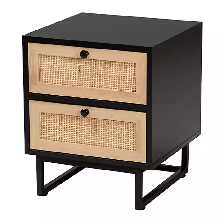Black Wood and Rattan 2-Drawer Nightstand