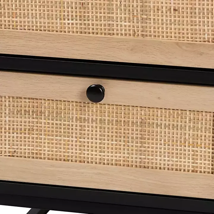 Black Wood and Rattan 2-Drawer Nightstand