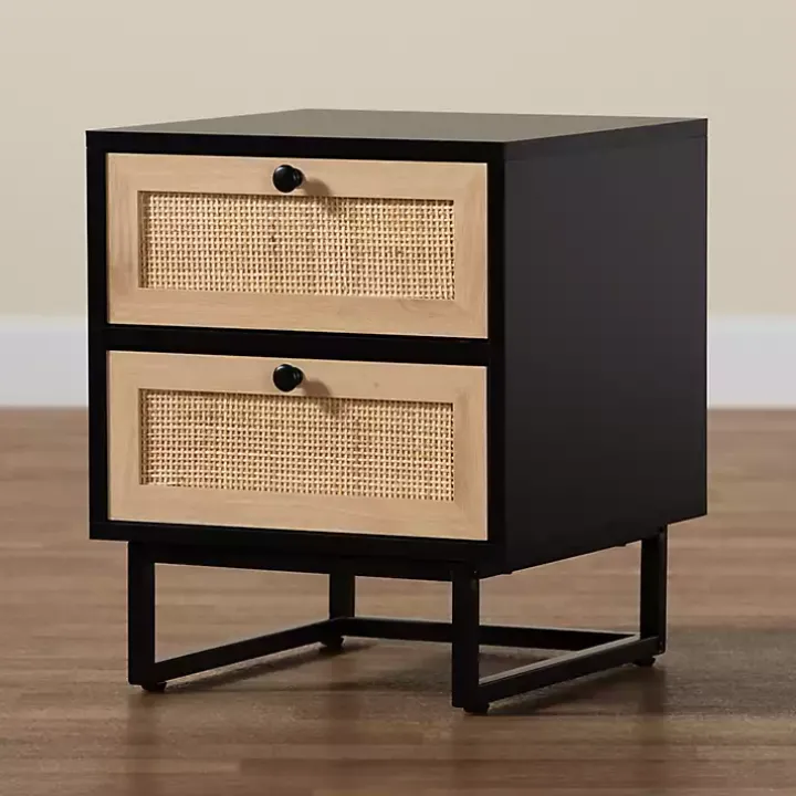 Black Wood and Rattan 2-Drawer Nightstand