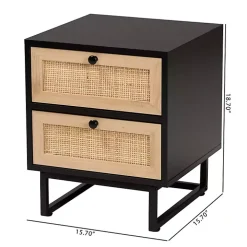 Black Wood and Rattan 2-Drawer Nightstand