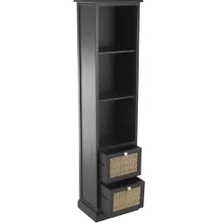 Black Wood and Rattan 3-Tier Bookcase