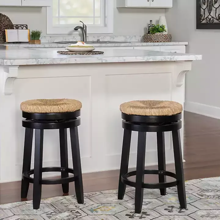 Black Wood Seagrass Seat Swivel Counter Stool