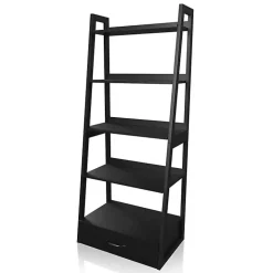 Black Wood 5-Shelf Leaning Bookshelf