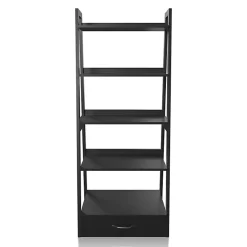 Black Wood 5-Shelf Leaning Bookshelf