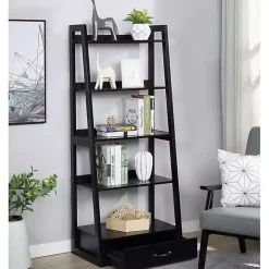 Black Wood 5-Shelf Leaning Bookshelf