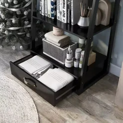 Black Wood 5-Shelf Leaning Bookshelf