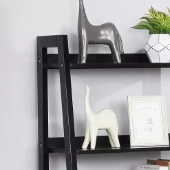 Black Wood 5-Shelf Leaning Bookshelf