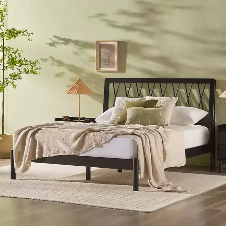 Black Wood Spindle Headboard Queen Bed