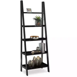 Black Wood 5-Tier Ladder Bookshelf