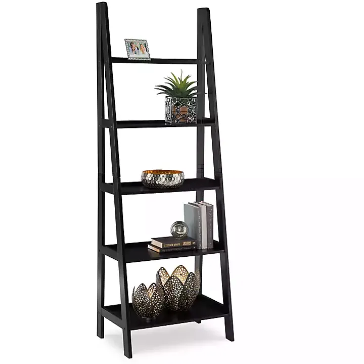 Black Wood 5-Tier Ladder Bookshelf