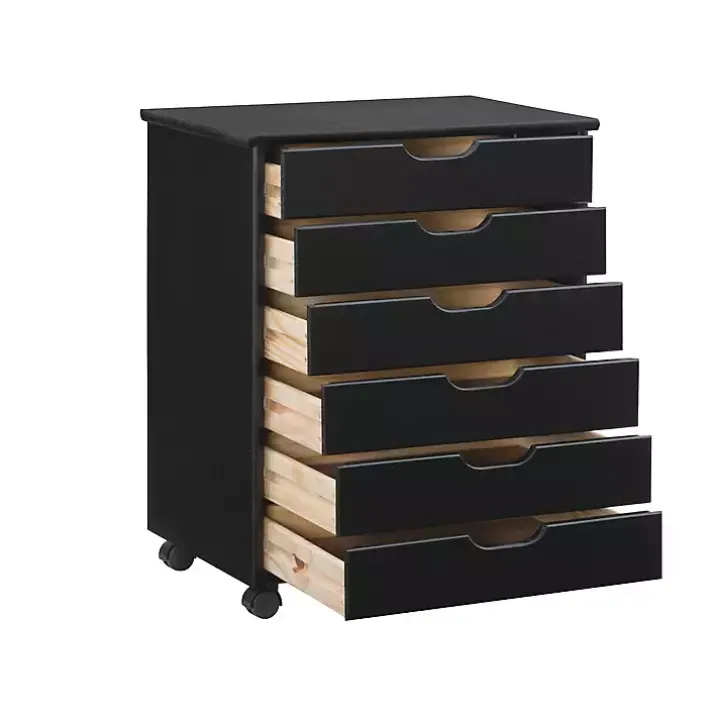 Black Wood Wide 6-Drawer Cary Storage Cart