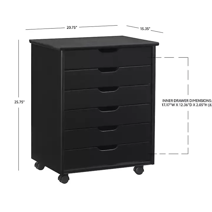 Black Wood Wide 6-Drawer Cary Storage Cart