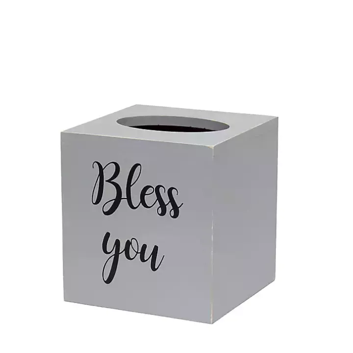 Bless You Gray Wood Tissue Box Cover