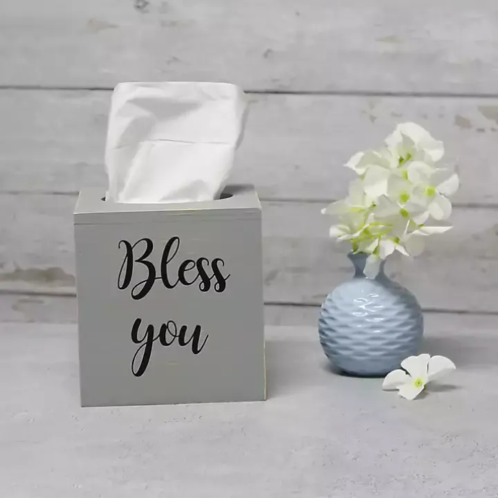 Bless You Gray Wood Tissue Box Cover