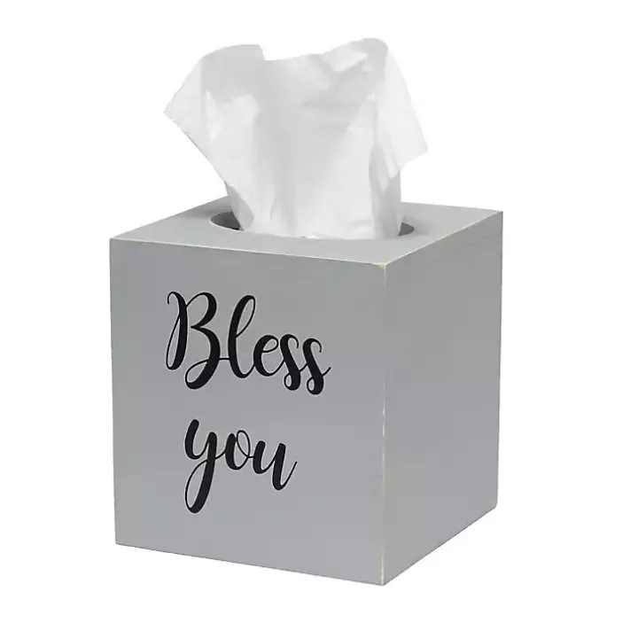 Bless You Gray Wood Tissue Box Cover