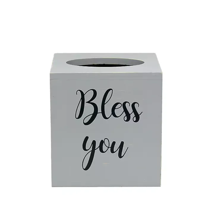 Bless You Gray Wood Tissue Box Cover