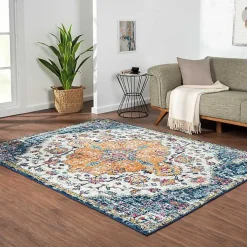 Blue & Orange Boho Medallion Area Rug, 5x7